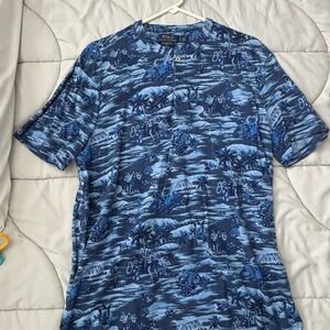 Ralph Lauren Blue Tropical-Print Short Sleeve Henley Polo